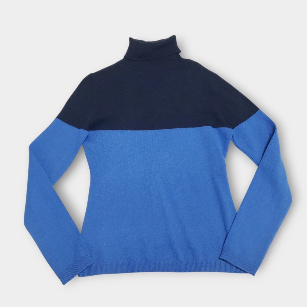 Garnet Hill Womens 100% Cashmere Turtleneck Sweater Blue Colorblock Small